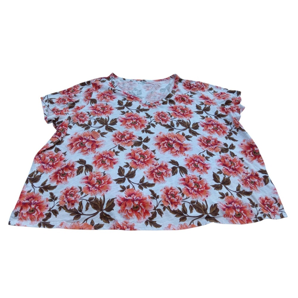 Old Navy Women's Coral Red Pink Rose Floral Cotton V-Neck T Shirt sz 2XL